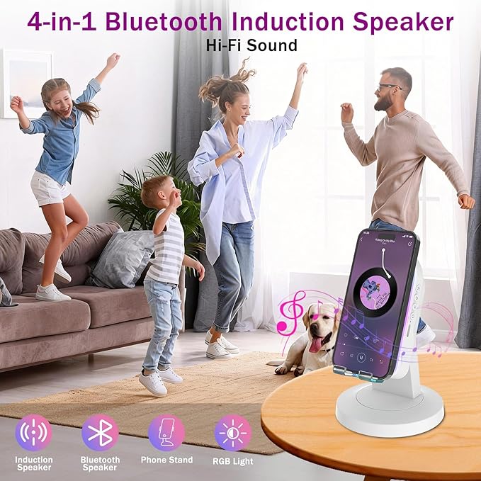 Tatiyana Wireless Induction Speaker with 360° Rotating Base, Bluetooth Speaker Phone Stand with Center Mirror, Stereo Sound for Kitchen Desk, RGB Ambient Light, Gift for Men Women (White)