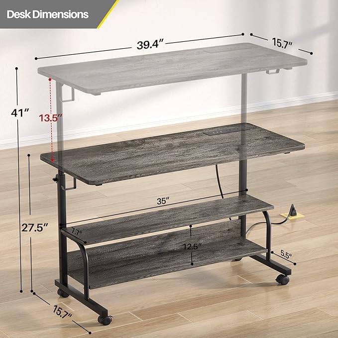 Armocity Rolling Standing Desk with Power Outlets, 39" Manual Height Adjustable Mobile Computer Desk with Wheels, Small Portable Sit Stand Laptop Couch Table for Bed & Sofa Home Office, Grey Oak