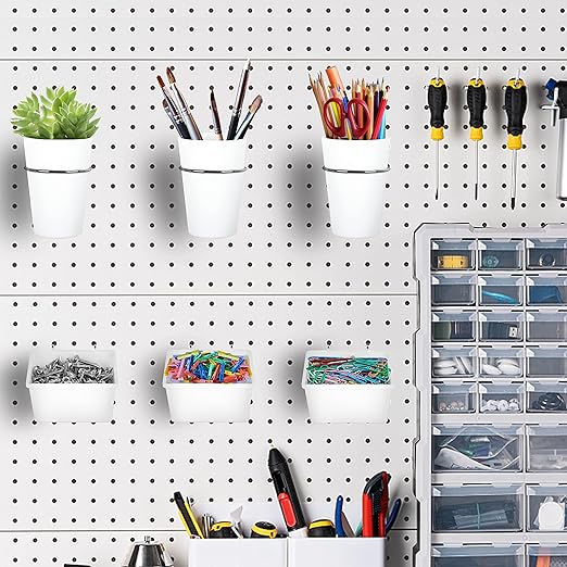 Kuhome 6 Sets Pegboard Bins Cups with Hooks Loops, Pegboard Hooks Assortment, Hooks for Pegboard Cup Holder for Tools Accessory Storage Organizer for Office Workshop Garage Workbench White