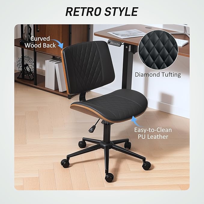 HOMCOM Home Office Chair No Arms with Wheels, PU Leather Mid Back Small Desk Chair with Adjustable Height, 360 Degree Swivel for Office, Reading, Meeting Room, Black