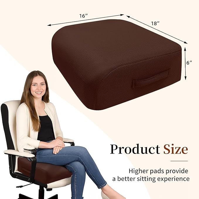 6" Extra Thick Memory Foam Office Chair Cushion – 2-Layer Booster Seat for Back & Tailbone Pain Relief, 18 x 16 x 6in Non-Slip Cushion with Carry Handle for Wheelchair, Car, and Airplane