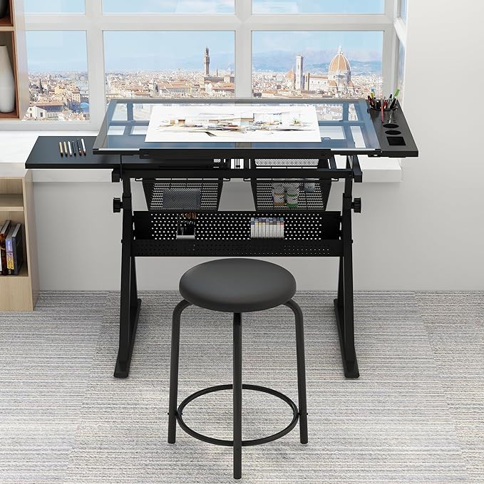 CuisinSmart Drafting Table w/Stool Height Adjustable Multifunctional Art Craft Diamond Paintings Work Station w/2 Storage Drawers Artists Desk Tilting Glass Tabletop for Home Office Black