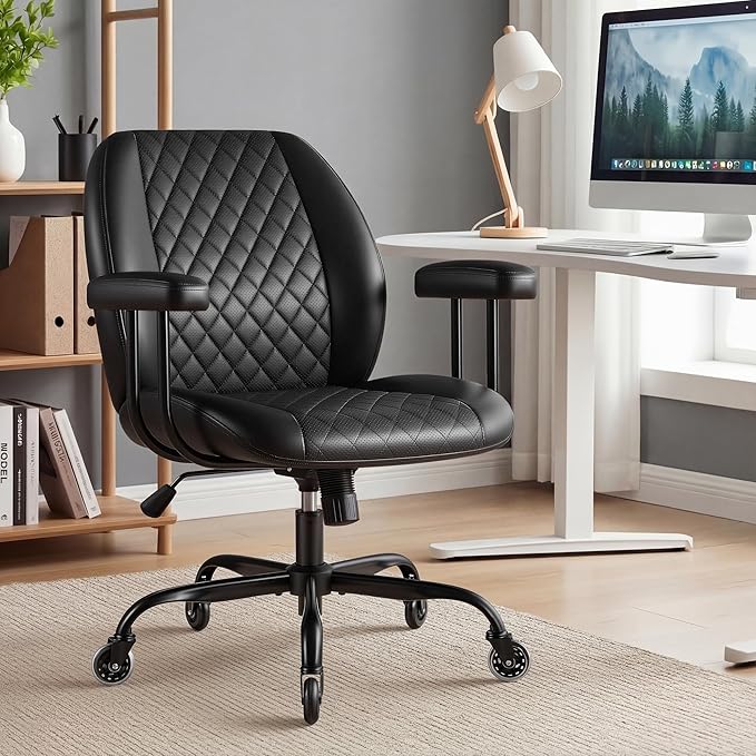 Furmax Ergonomic Home Office Chair Executive Leather Mid Back Desk Chair, Adjustable 360° Swivel Task Chair for Conference Room Study (Black)