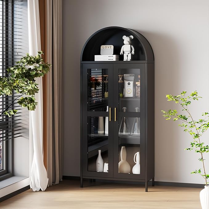 VEXPOR 73" Tall Arched Display Cabinet with Glass Doors, Metal Arched Curio Cabinet with 2 Adjustable Shelves for Living Room, Home Office, Assembly Required, Black
