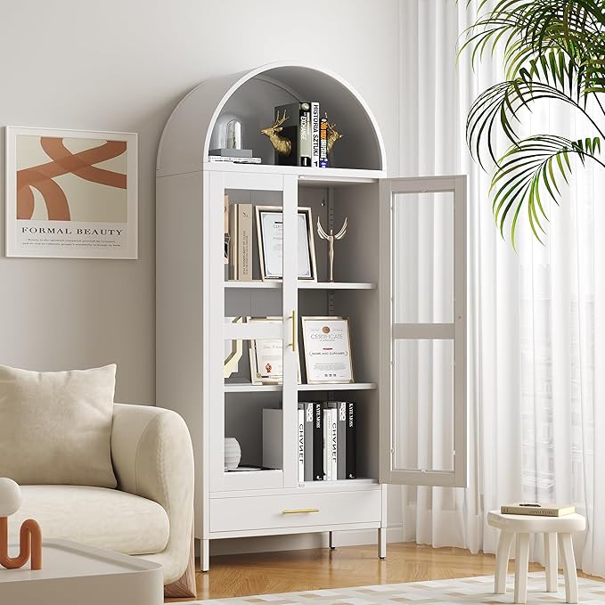 VEXPOR 73" Tall Arched Display Cabinet with Glass Doors, Metal Arched Curio Cabinet with Drawer for Living Room, Home Office, Assembly Required, White