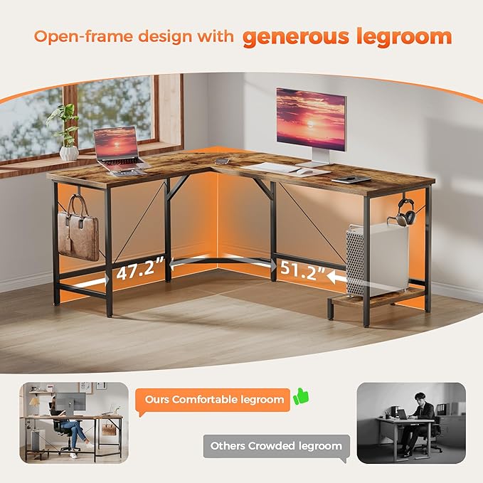 Mericonia 50 inch Large L Shaped Desk, Simple Corner Gaming Desk with CPU Stand & Hooks, Computer Desk for Home, Bedroom & Office Workspace, Dark Brown