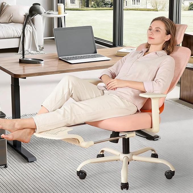 Ergonomic Office Chair with Footrest, Mesh Desk Chair with Adjustable Headrest & Armrests & Dynamic Floating Wing Lumbar Support, High Back Computer Chair for Home Office, BIFMA Certified, Pink