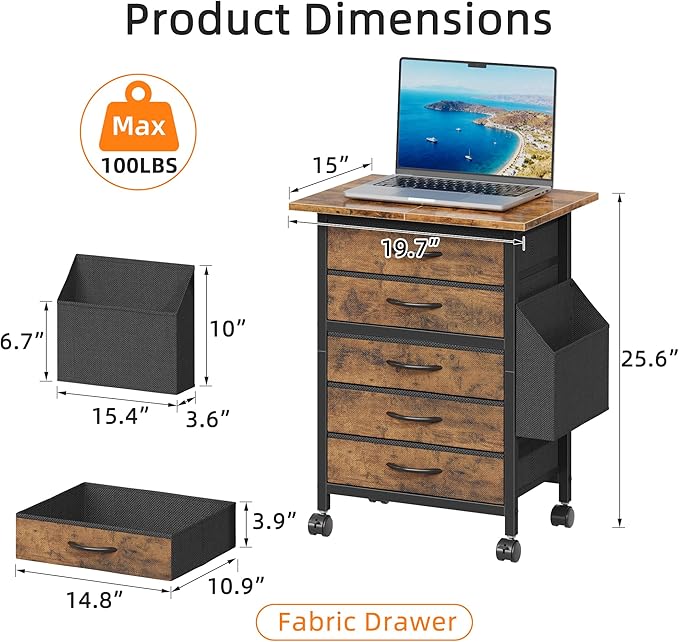 HIGDBFE 5 Fabric Drawers File Cabinet with Side Pocket, Rolling Printer Stand with Storage for Home Office, Wood Top Storage Cabinet for Documents and Crafts, Rustic Brown, 15" D