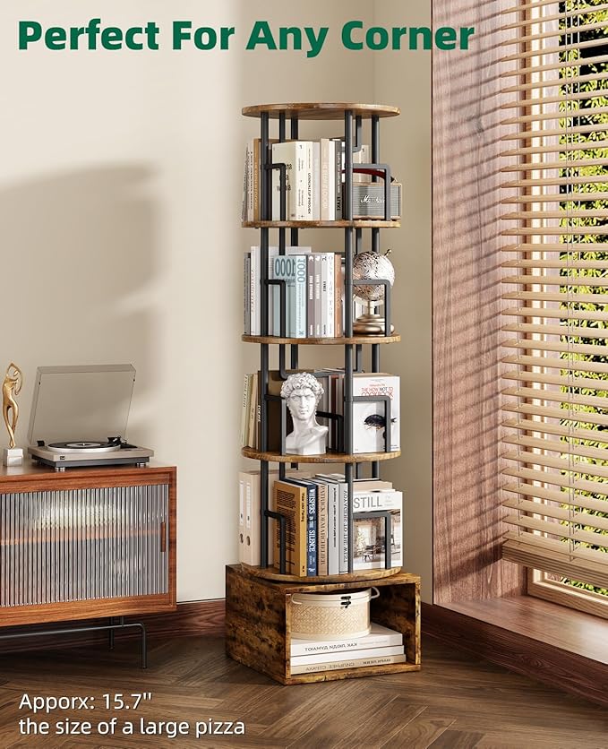 Kalrin 5 Tier Rotating Bookshelf with Extra Storage Cabinet, 360°Spinning Corner Bookshelf, Floor Standing Bookcase for Kids & Adult, Narrow Book Shelf for Bedroom Living Room, Vintage Brown