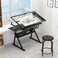 Drafting Table w/Stool, Height Adjustable Drawing Table, Multifunctional Art Craft Paintings Work Station w/2 Storage Drawers Artists Desk Tilting Glass Tabletop for Home Office Black