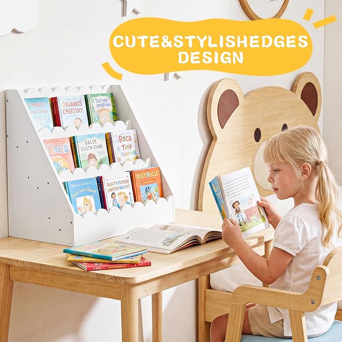 BALAPET Scalloped Book Shelf for Kids, 3-Tier Wooden Bookshelf Perfect Height for 1-5 Years Toddler, Durable Bookcase Book Organizer for Nursery Room(White,16.5 * 16.5 * 10.6in)