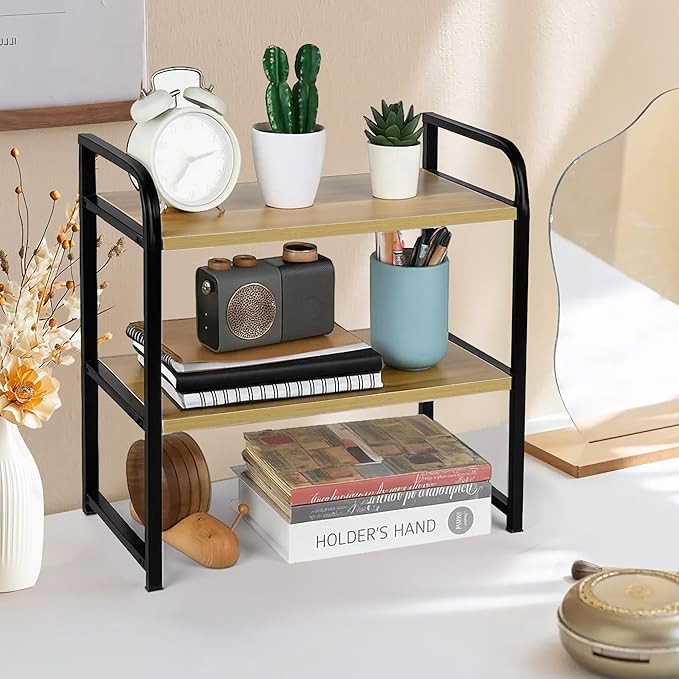 Desktop Shelf Organizer Office Desk Shelf for Top of Desk Wood & Metal Bookshelf Supplies Storage Rack (Black&Walnut)