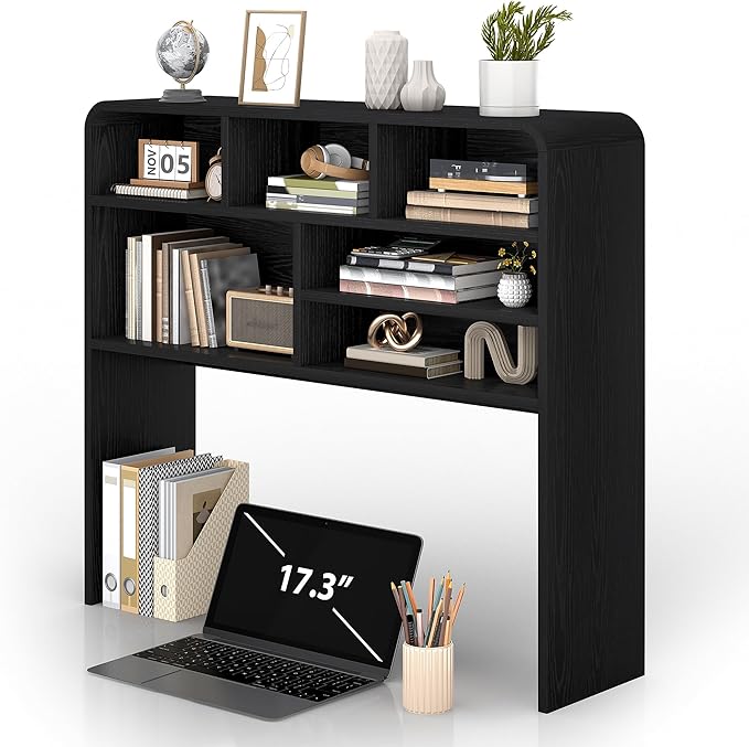 5-Tier Desk Shelf, 37.4''W Desktop Bookshelf for Computer Monitor, Desktop Organizer Shelf Storage Rack with 6 Cubbies, 5-Level Desk Hutch Display Rack for Home, Office, Dorm, Vanity, Black