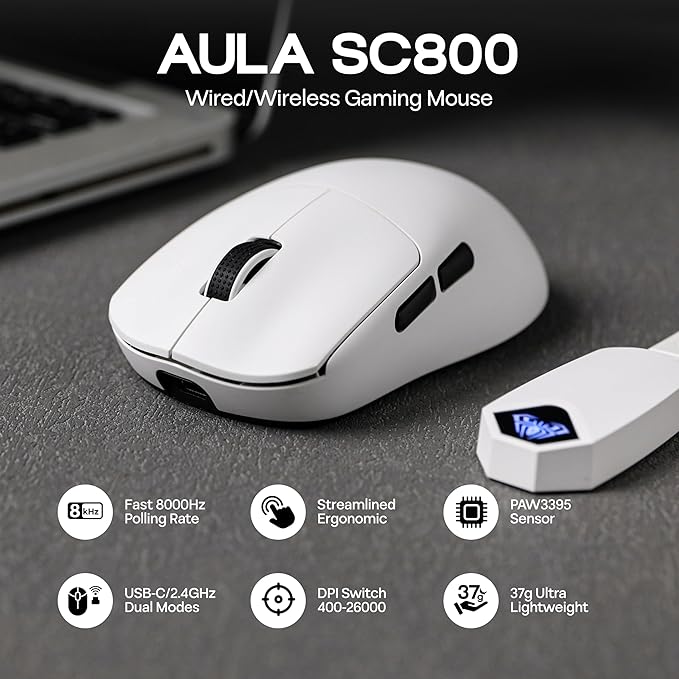MechLands AULA SC800 Gaming Mouse with Adjustable 26,000 DPI, PAW3395 Sensor, 8000 Polling Rate, Dual-Mode Wireless Lightweight Mouse, Ultra-Precise & Durable for Gaming & Esports & Office Use (White)