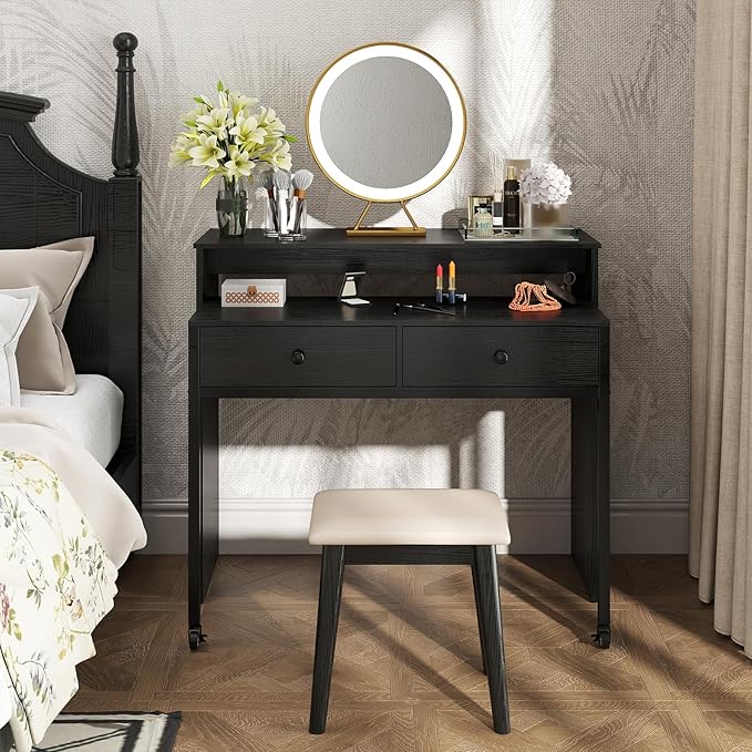 Giantex Small Computer Desk with Hutch & Drawers, Extendable Writing Desk w/Pull Out Secondary Table, Monitor Stand & Rolling Wheels, Console Table, Compact Desk for Small Spaces, Home Office (Black)