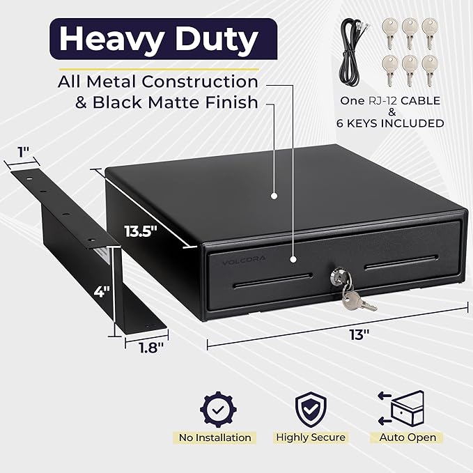 Volcora Cash Register Drawer with Under Counter Mounting Metal Bracket, 13" Black Cash Drawer for POS, 4 Bill 5 Coin Cash Tray, Fully Removable 2Tier Compartment 12-24V RJ11/RJ12 Key-Lock