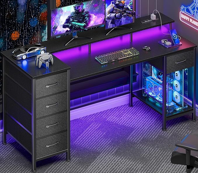 Korfile 55 Inch Gaming Desk with Power Outlets and LED Lights, Reversible Computer Desk with 5 Fabric Storage Drawers, Home Office Desk with Monitor Stand for Working Writing Study, Carbon Fiber Black