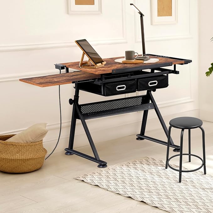 JupiterForce Drafting Table Art Desk w/Power Outlet and Stool, Adjustable Tilting Drawing Table Artist Desk with 2 Storage Drawers, Art Craft Work Station for Home Office Working, Writing, Crafting