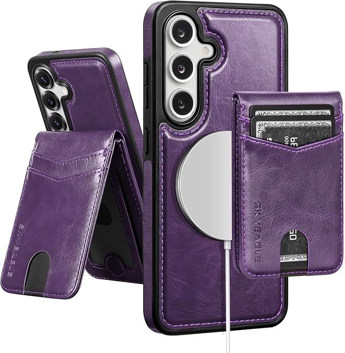 SkyEagle Compatible with Magsafe 2 in 1 Detachable Samsung Galaxy S25 Plus Wallet Case with Card Holder,Women Men Magnetic PU Leather RFID Blocking Flip Folio Kickstand Credit Slots,Purple