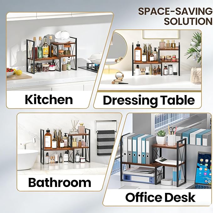 Desktop Shelf Organizer, Small Bookshelf for Office, Wood Shelves, Office Organization and Storage (Brown)