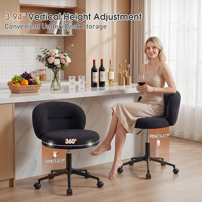 Homkdom Small Round Desk Chair, Armless Vanity Chair with Wheels, Height Adjustable & 360° Swivel, Cute Comfy Vanity Computer Chair for Bedroom, Home Office, Black