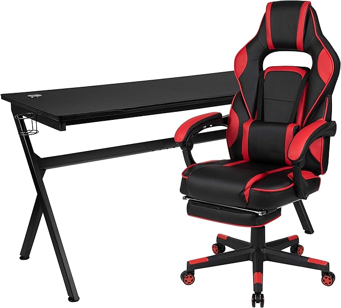Flash Furniture Optis Gaming Desk with Cup Holder/Headphone Hook/Removable Mousepad Top & Red Reclining Back/Arms Gaming Chair with Footrest