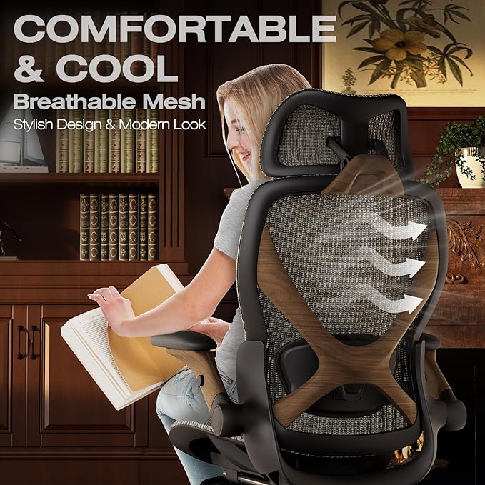 ELABEST X100 Ergonomic Office Chair with Footrest, Big and Tall Home Desk Chair with 5D Flip-Up Arms, Adjustable 3D Lumbar Support,High Back Rolling Computer Chair, Swivel Mesh Chairs (Coffee Break)