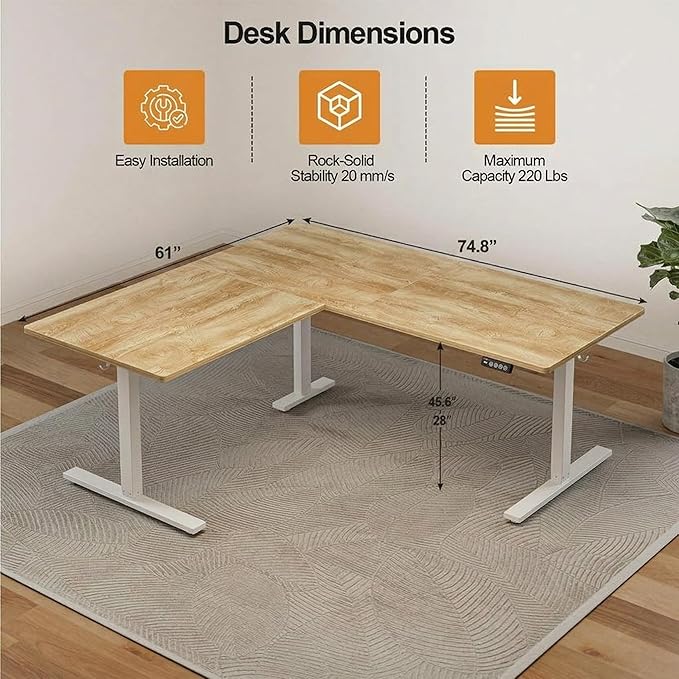 Grandder 75 x 61 Inch L Shaped Standing Desk, Electric Height Adjustable Corner Stand Up Desk, Sit Stand Corner Table Home Office Table, Oak Top White Frame