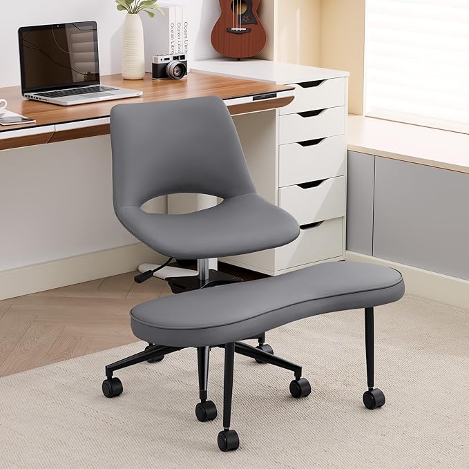 Ergonomic Cross Legged Office Chair with Wheels, 360° Swivel ADHD Chairs for Adults, Height Adjustable Seat for Meditation, Yoga - Wide Criss Cross Chair with Lumbar Support, Kneeling Chair, Grey