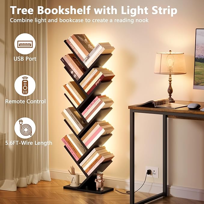 Hoctieon 10 Tier Tree Bookshelf, Tall Bookcase, Freestanding Book Shelf with LED Lights, Display Floor Standing Storage Shelf, Book Organizer Shelves for Home Office, Living Room, Black