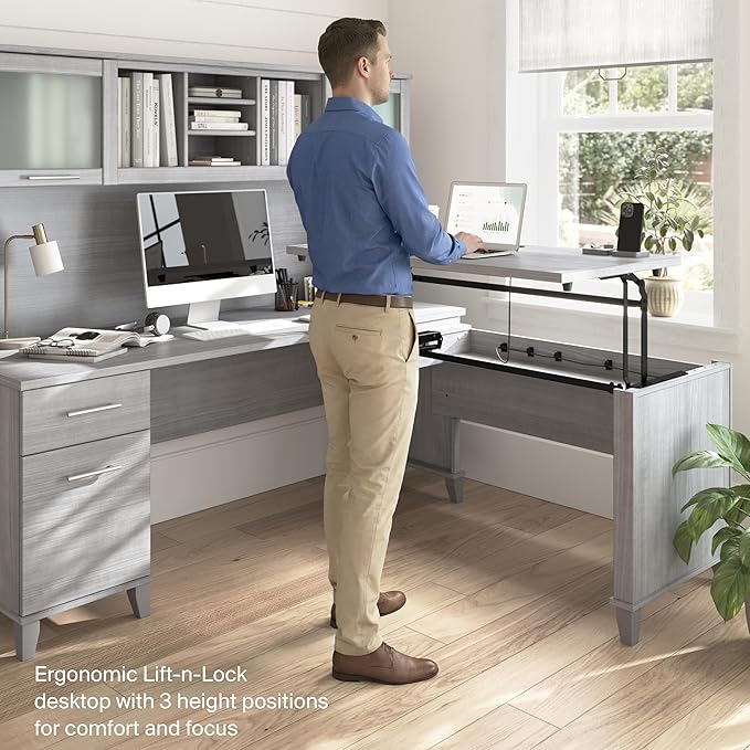 Bush Home Somerset 72W 3 Position Sit to Stand L Shaped Desk with Hutch in Platinum Gray | Adjustable Height Table for Office