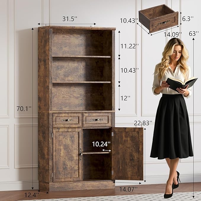 BORNOON 70.1" Tall Bookshelf with Drawers & Cabinet, 5-Tier Floor Standing Bookcase with Storage Doors, Adjustable Shelves & Metal Handles, 31.5" Wide Organizer for Home Office, Living Room