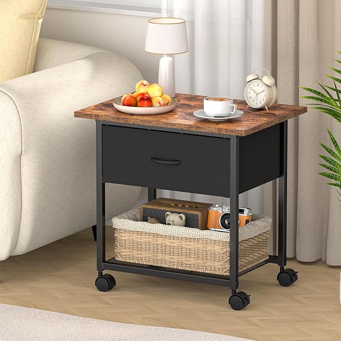 DAOUTIME 2-Tier Printer Stand with Storage Drawer, Under Desk Printer Table with Shelves, Mobile Printer Cart on Wheels for Small Spaces/Home Office, Fits 3D Printer Scanner, Rustic Brown and Black