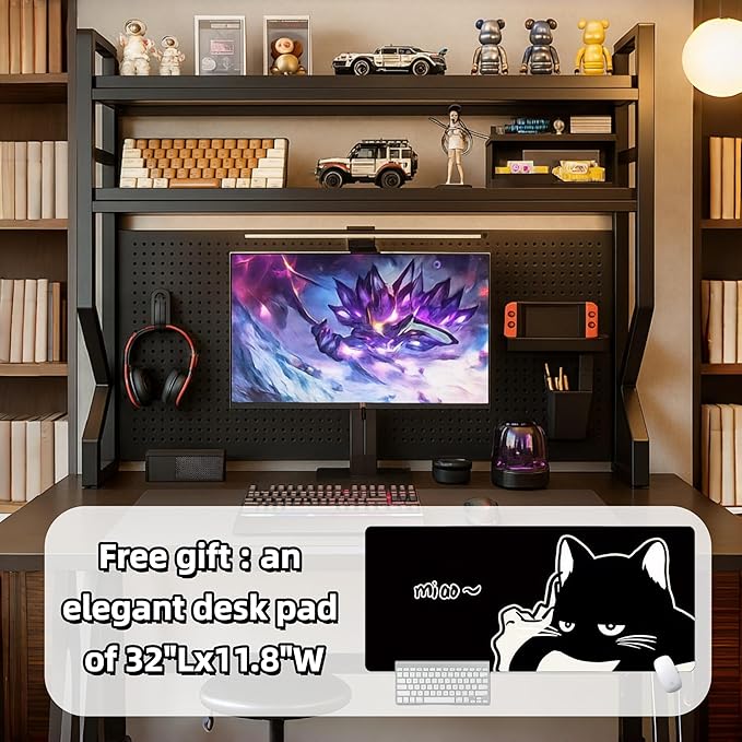 Desktop Hutch Bookshelf,Many Gifts,Metal Desktop Bookcase with pegboard, Desk Shelf Black, Countertop Storage Organizer Rack for Dorm or Office,Desktop Shelves(Black, 53.1" Lx9.9 Wx39 H)