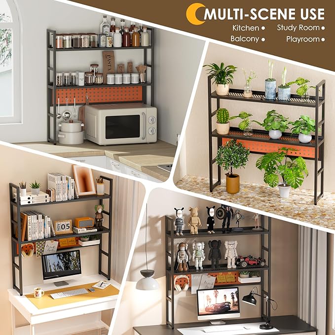 Brakki Desk Shelf, 35.43" Desk Hutch Bookshelf, Desktop Shelf with Pegboard for Computer Monitor, Metal Desktop Hutch Storage Organizer for Dorm Home Office, 2 Tier Bookcase, Black