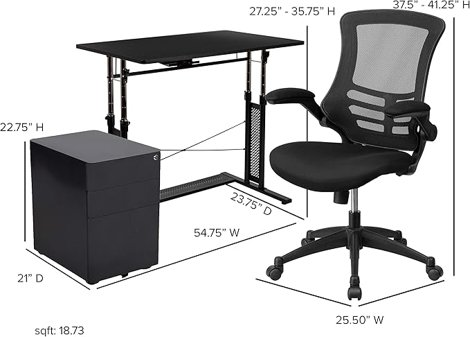 EMMA + OLIVER Work from Home Kit-Adjustable Desk, Ergonomic Mesh Office Chair, Filing Cabinet
