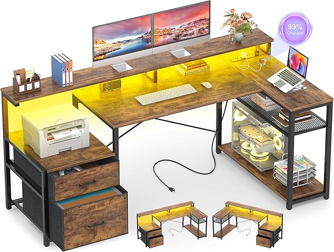 Aheaplus L Shaped Desk with File Drawer, Reversible L Shaped Computer Desk Gaming Desk with Power Outlet & LED Strip, Home Office Desk Corner Desk with Monitor Shelf, Storage Shelves, Rustic Brown