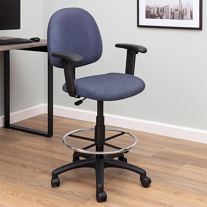 Benzara Jea Drafting Stool Chair, Adjustable Arms, Blue Tweed, Round Footring