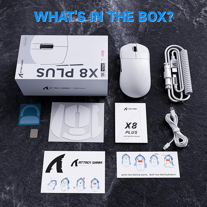 ATTACK SHARK X8Plus 55g Superlight Wireless Gaming Mouse with 40K DPI,PAW 3395PRO Sensor, Broadcom BK52820 Chip,HUANO Switch,Web Driver,Tri-Mode Fit Large Hand Mice with RGB Cable -White&Sticker