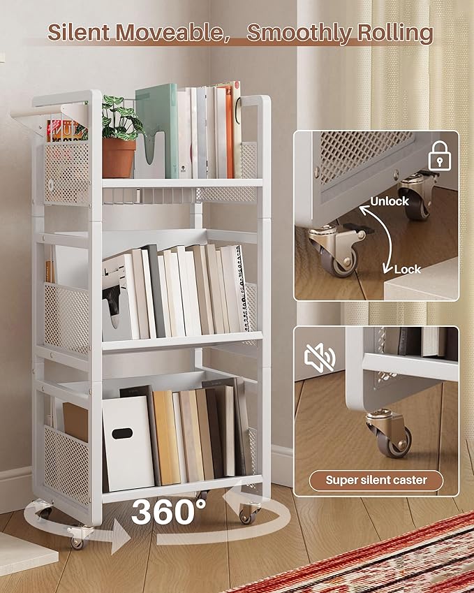 UMDONX Heavy-Duty Double-Sided Book Cart with Silent Wheels and 3 Magnetic Book Shelves, Rolling Book Shelf, Library Book Cart, Suitable for Home, Office, or School （White）