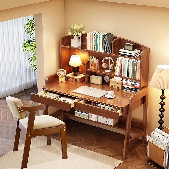 Kids Desk and Chair Set Wooden Children's Learning Table and Chair with Hutch and Two Drawers Children Study＆Writing＆Computer＆Workstation Desk for 3 and Above(Brown