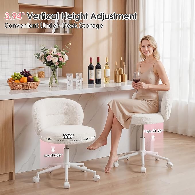 Homkdom Small Round Vanity Chair with Wheels, Armless Home Office Desk Chairs with Back, Height Adjustable & 360° Swivel, Cute Comfy Vanity Computer Chair for Bedroom, Home Office, White
