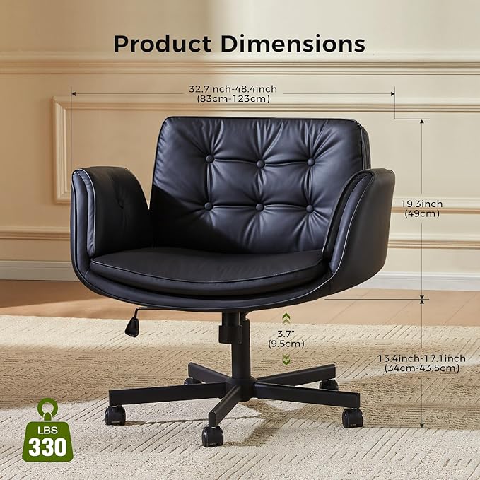 amseatec Criss Cross Chair with Armrests & Wheels, PU Leather ADHD Home Office Desk Chair, Comfortable Lounge Chair for Home, Make Up, Bed Room, 5-Gear Adjustable Arm,Wide Seat,Swivel(Black)