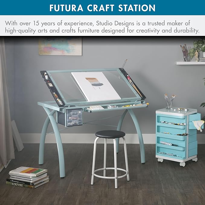 SD Studio Designs Futura Craft & Drawing Table with Adjustable Tempered Safety Glass Top – Modern Art Desk with Storage Drawers, Pencil Ledge, Glossy Sage/Clear Glass