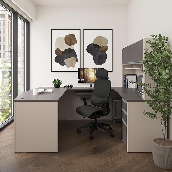 Bestar Connexion U-Shaped Workstation with Three Drawers, 72W, Slate/Sandstone
