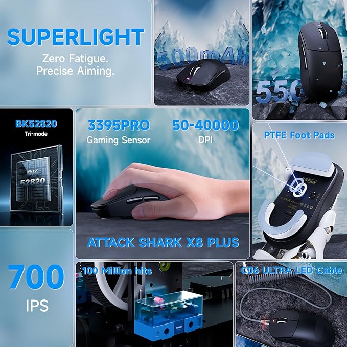 ATTACK SHARK X8Plus 55g Superlight Wireless Gaming Mouse with 40K DPI,PAW 3395PRO Sensor, Broadcom BK52820 Chip,HUANO Switch,Web Driver,Tri-Mode Fit Large Hand Mice with RGB Cable -Black&Sticker
