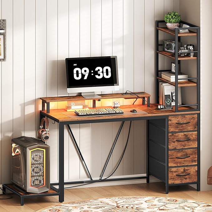 RALGEND 43.3 Inch Computer Desk with 4 Fabric Drawers, Gaming Desk with Storage, Shelves & Power Outlet, Industrial Gaming Desk with Hutch, LED Lights and Monitor Stand, for Home Office, Rustic Brown