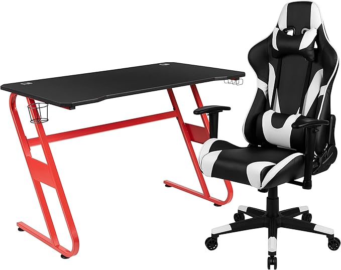 Flash Furniture Optis Red Gaming Desk and Black Reclining Gaming Chair Set with Cup Holder and Headphone Hook
