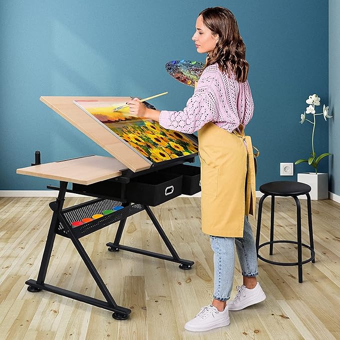 Adjustable Drafting Table Drawing Table, Tilting Tabletop Art Craft Desk w/2 Storage Drawers Stool for Home Office Crafting, Reading, Writing (Natural Wood)
