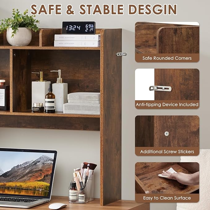 Nromant Desktop Bookshelf, Wooden Desk Storage Hutch with 5 Shelves, 3-Tier Desktop Display Organizer Rack for Office Home (Brown, 5 Shelves B)